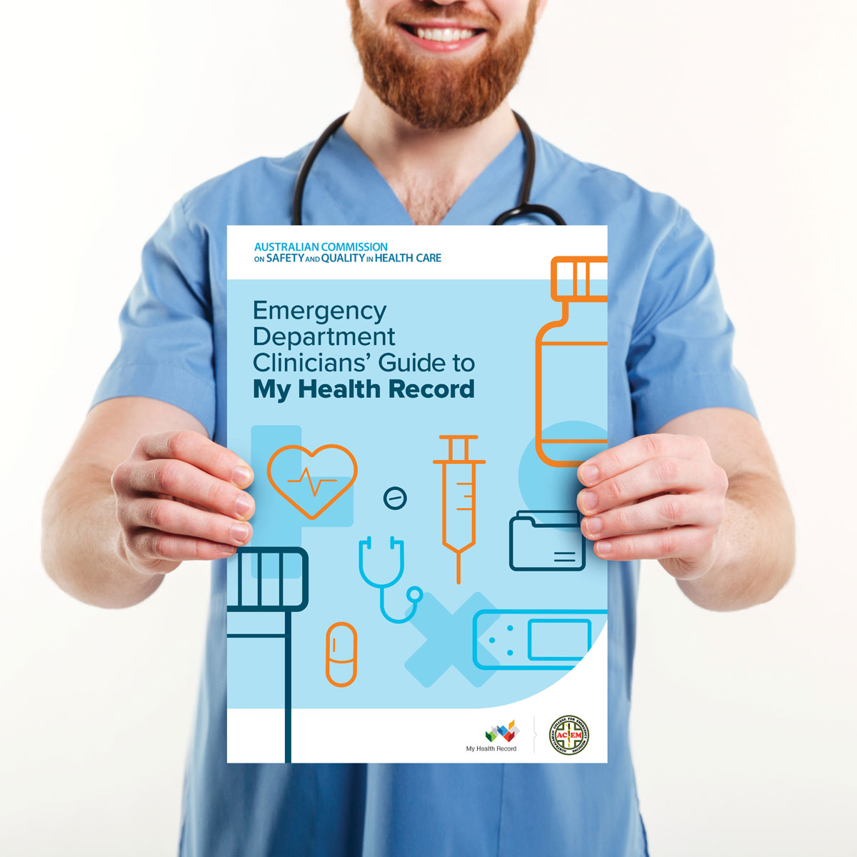 A clinician holding the Clinicians' Guide to My Health Record in ED.