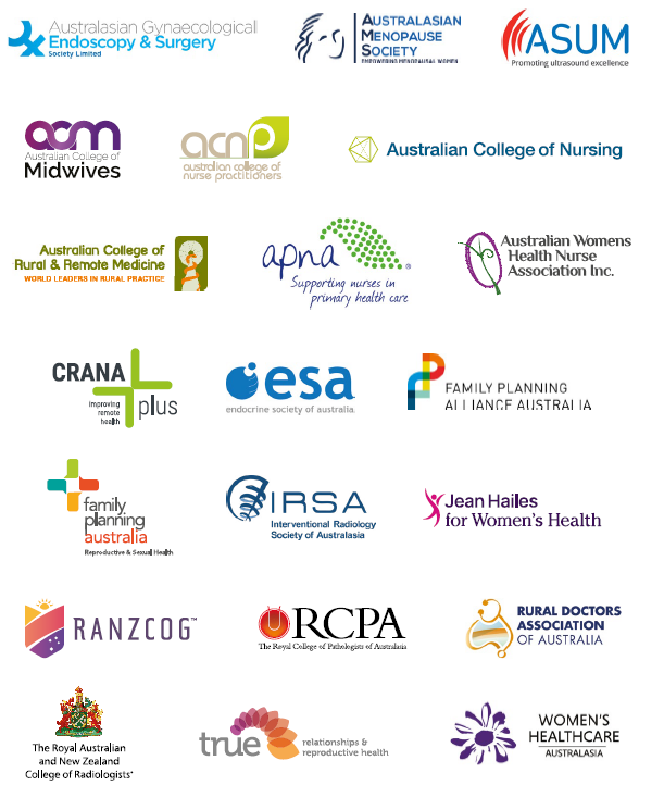 Logos of endorsing organisations for the Heavy Menstrual Bleeding Clinical Care Standard