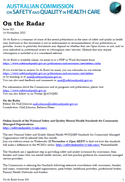 On The Radar Issue 583 | Australian Commission On Safety And Quality In ...