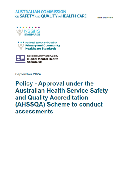 Cover page of Policy - Approval under the AHSSQA Scheme to conduct assessments March 2024