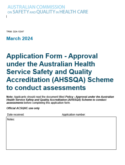 Cover page of the Application form - Approval under the AHSSQA Scheme March 2024