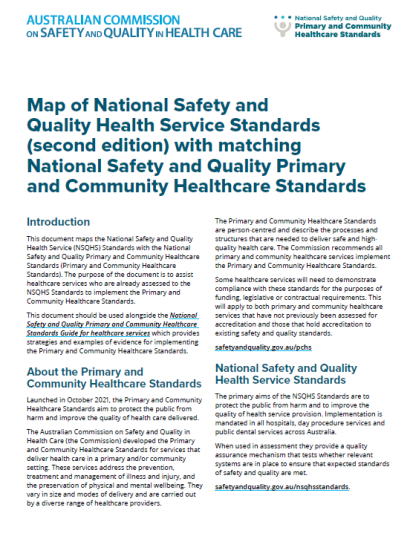 An image of a fact sheet mapping the NSQHS Standards to the Primary and Community Healthcare Standards