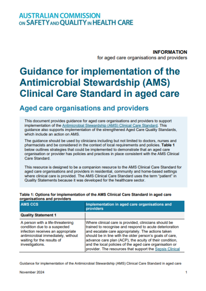 Guidance for implementation of the Antimicrobial Stewardship (AMS) Clinical Care Standard in aged care