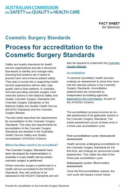 Process for accreditation to the Cosmetic Surgery Standards