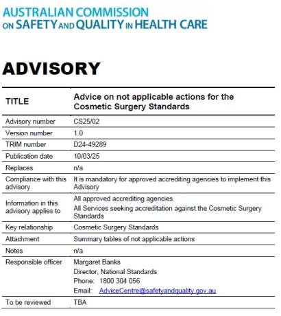 CS25/02: Advisory on not applicable actions - Cosmetic Surgery Standards